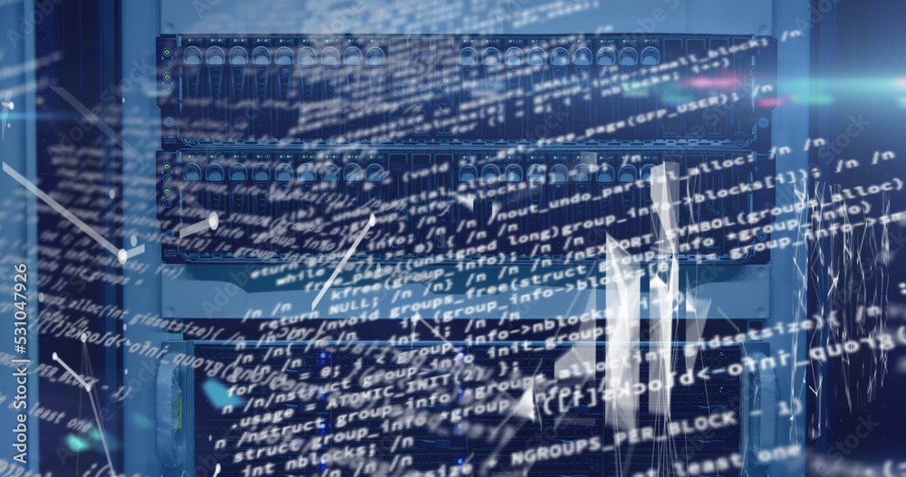 Poster image of data processing and shapes over server room