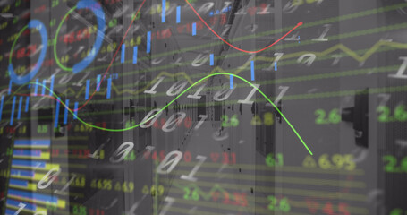 Image of data processing and diagrams over server room