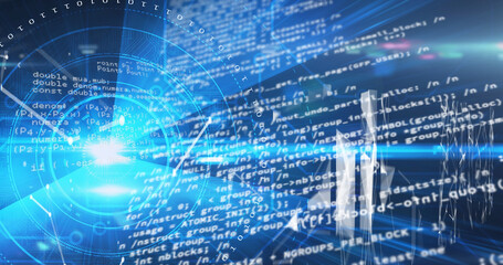 Image of data processing and shapes on black background