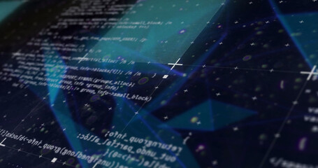 Image of data processing and shapes on black background