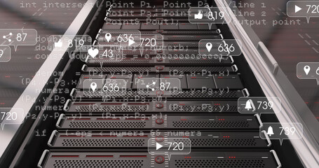 Image of data processing and media icons over server room