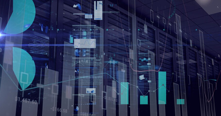 Image of data processing and diagrams over server room
