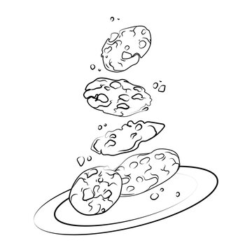 Cookies with chocolate crisps falling into a plate Line art drawing vector isolated illustration.Traditional dessert Bitten, broken, cookie crumbs,hand drawn black white sketch