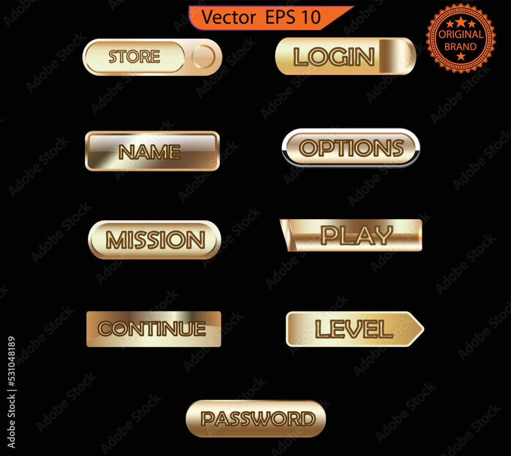 Wall mural set of glass gold buttons and sliders, game ui, game interface, web icons of different forms. gradie