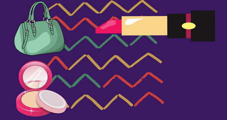 Image of blue handbag, lipstick and makeup compact over chevrons on purple background