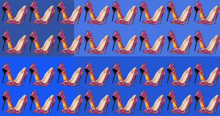 Image of pink patterned high heeled shoes repeated and moving on abstract blue background