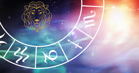 Composition of leo star sign symbol in spinning zodiac wheel over glowing stars