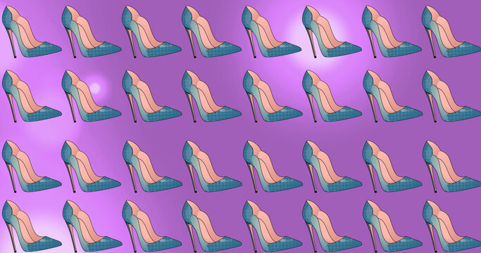 Image of blue high heeled shoes repeated and moving on purple background