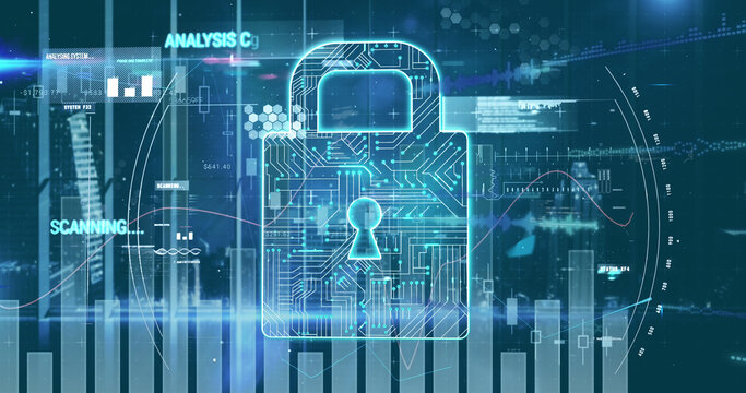 Image of online security padlock, scope scanning and data processing