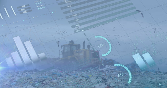 Image of statistics recording over bulldozer in waste disposal site