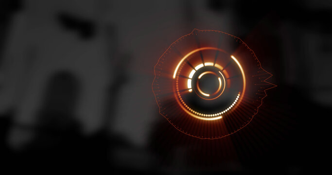 Digital composite image of glowing round scanner spinning against cityscape in background