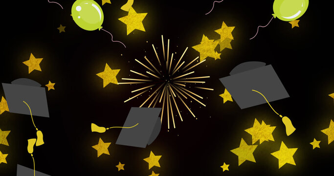 Image of balloons flying and graduation hats over stars on background