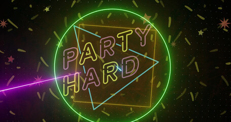 Image of party hard text in pink and yellow neon with confetti falling on black background