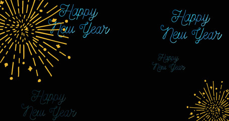 Image of happy new year text in blue with yellow fireworks on black background