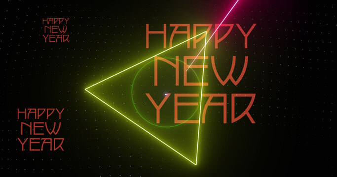 Image of happy new year text in red with colourful neon shapes rotating on black background
