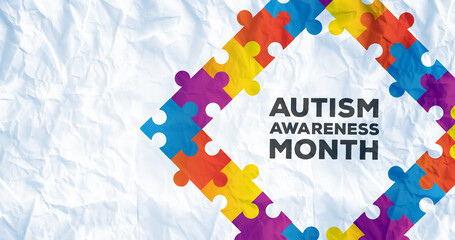 Image of autism awareness month in frame formed with autism awareness month puzzles