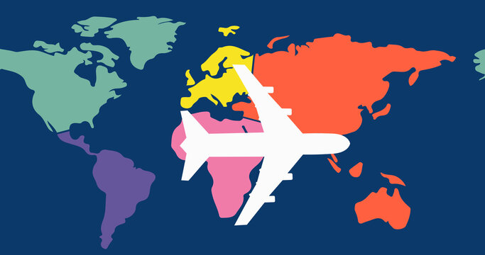 Image of white airplane flying over multi coloured world map on dark blue background