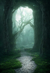 doorway to labyrinth forest. fantasy landscape illustration