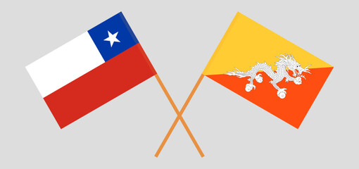 Crossed flags of Chile and Bhutan. Official colors. Correct proportion