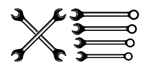 Wrench key for servicing in the garage car symbol icon vector set. Crossed wrench for automotive repair engine car silhouette illustration