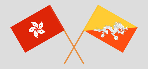 Crossed flags of Hong Kong and Bhutan. Official colors. Correct proportion