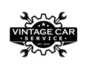 Wrench key with gear for servicing in the garage car symbol icon vector. Crossed wrench for automotive repair engine car illustration vintage logo design