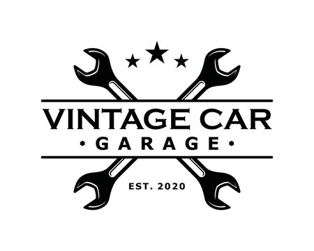 Wrench key for servicing in the garage car symbol icon vector. Crossed wrench for automotive repair engine car illustration vintage logo design
