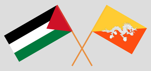 Crossed flags of Palestine and Bhutan. Official colors. Correct proportion