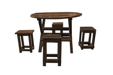 Wooden table and chairs set isolated.