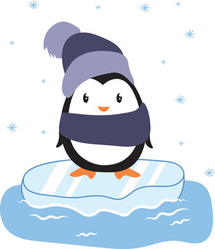 Cute baby penguin in hat and scarf on ice floe