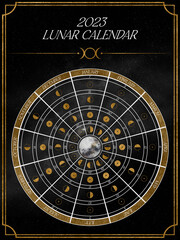 Round Lunar Calendar 2023 Southern Hemisphere. Beautiful moon calendar with main lunar phases with golden texture.