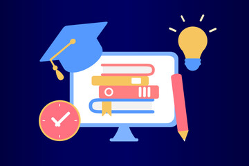 Concept of e-learning, digital library, e-book, classroom, tutorial and online courses application. Online education, university studies and back to school. Flat vector illustration.