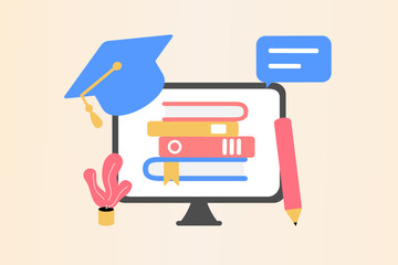 Concept of e-learning, digital library, e-book, classroom, tutorial and online courses application. Online education, university studies and back to school. Flat vector illustration.