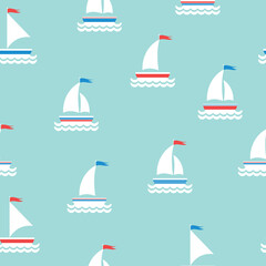 Obraz na płótnie Canvas Seamless pattern with white and red boats with sails and little waving flag. Isolated on aquamarine blue background. Summertime marine print. Travel pattern. Flat vector illustration.