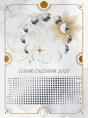 Vertical Lunar Calendar of 2023 for Southern Hemisphere. Moon calendar with watercolor lunar phases and golden elements