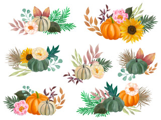 Obraz na płótnie Canvas Watercolor Autumn Fall leaves plant and pumpkins elements isolated stock illustration