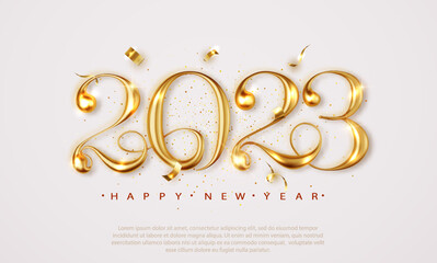 Obraz na płótnie Canvas 2023 Happy new year elegant banner with falling confetti on bright background