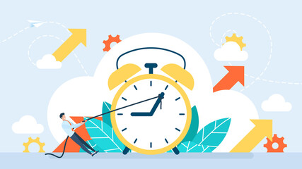 Delay concept. Stop time to deal with urgent projects or handle errors. Deadline. Time on clock stop. A man holds the minute hand with a string to push turn back time. Business illustration