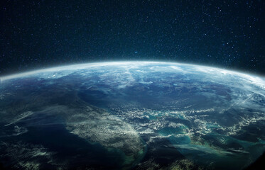 Amazing planet earth in a deep space with stars, view from the hotel spaceship to the planet. Space...