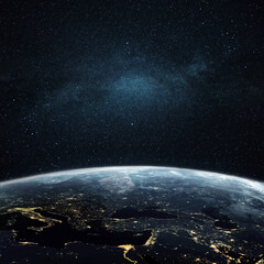 Beautiful amazing blue planet earth with night lights of megacities and cities in open space with...