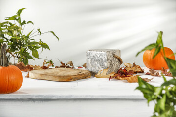 Wooden desk with stone pedestal and autumn leaves. 