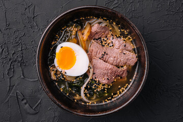 traditional Japanese ramen soup with wagyu beef and noodles