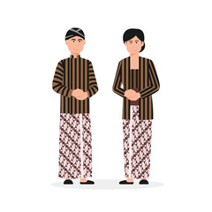Javanese man and woman wearing traditional dress from  java indonesia character vector illustration flat design, indonesian traditional wedding dress template