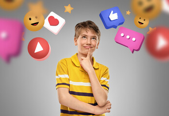 social media and people concept - portrait of happy thinking boy in polo t-shirt over internet...