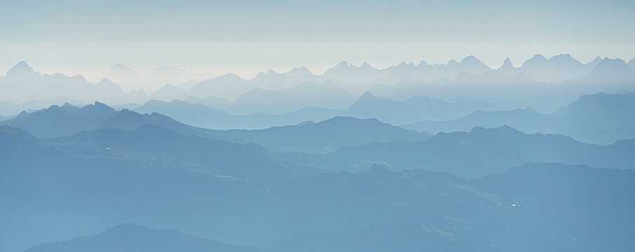 Switzerland, Panoramic view of Foggy Misty Alps at dawn, from Santis