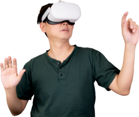 Portrait of young asian man wearing goggles virtual reality with excited isolated png tranparent file, metaverse technology and device, innovation for entertainment and education with modern.