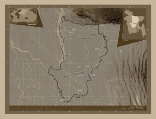 Dhaka, Bangladesh. Sepia. Labelled points of cities