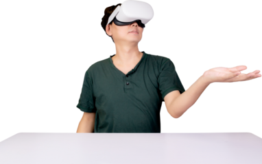 Portrait of young asian man wearing goggles virtual reality with excited isolated png tranparent file, metaverse technology and device, innovation for entertainment and education with modern.