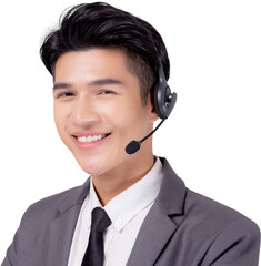 Portrait young asian business man call center wearing headset isolated png transparent file, agent...