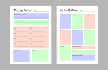 SET Planners Template of personal daily and weekly plan, monthly, weekly planner and Trendy colors. Planner weekly and monthly